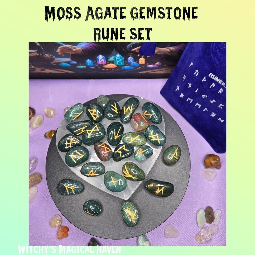 Moss Agate Gemstone Divination Rune Set